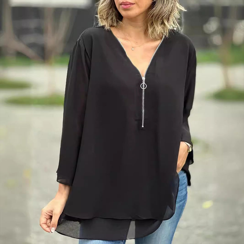 Heidi™ - V-Neck Flowy Zipped Top